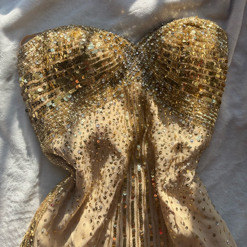 Basix Black Label Gold Sequin beaded embellished silk stone Strapless mini Dress - Picture 3 of 17